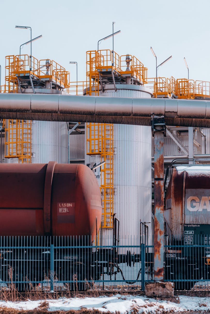 Industrial fuel storage tanks and pipelines in Trzebinia, Lesser Poland Voivodeship, Poland.